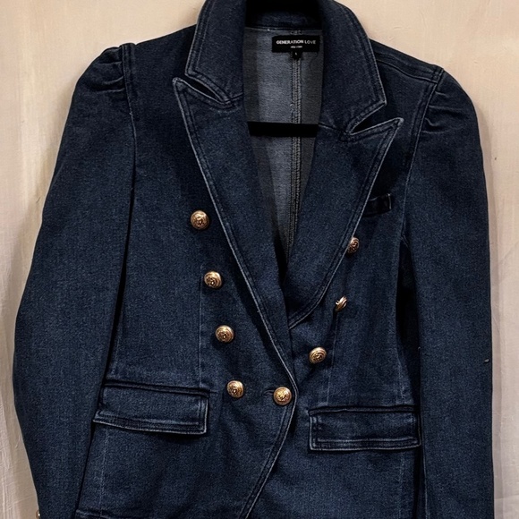 Generation Love Denim Blazer Double Breasted Collared Blue Size Large Gold Tone - Picture 1 of 11